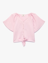 Kısa Kollu V Yaka Keten ve Viskon Karışımlı Bağlamalı Bluz