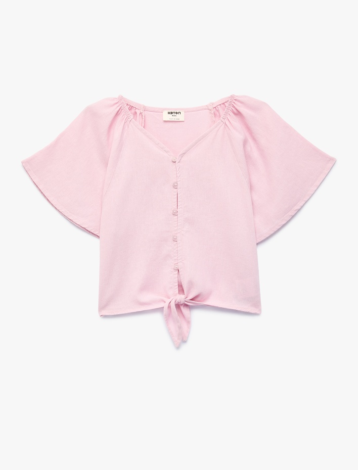 Kız Çocuk Kısa Kollu V Yaka Keten ve Viskon Karışımlı Bağlamalı Bluz