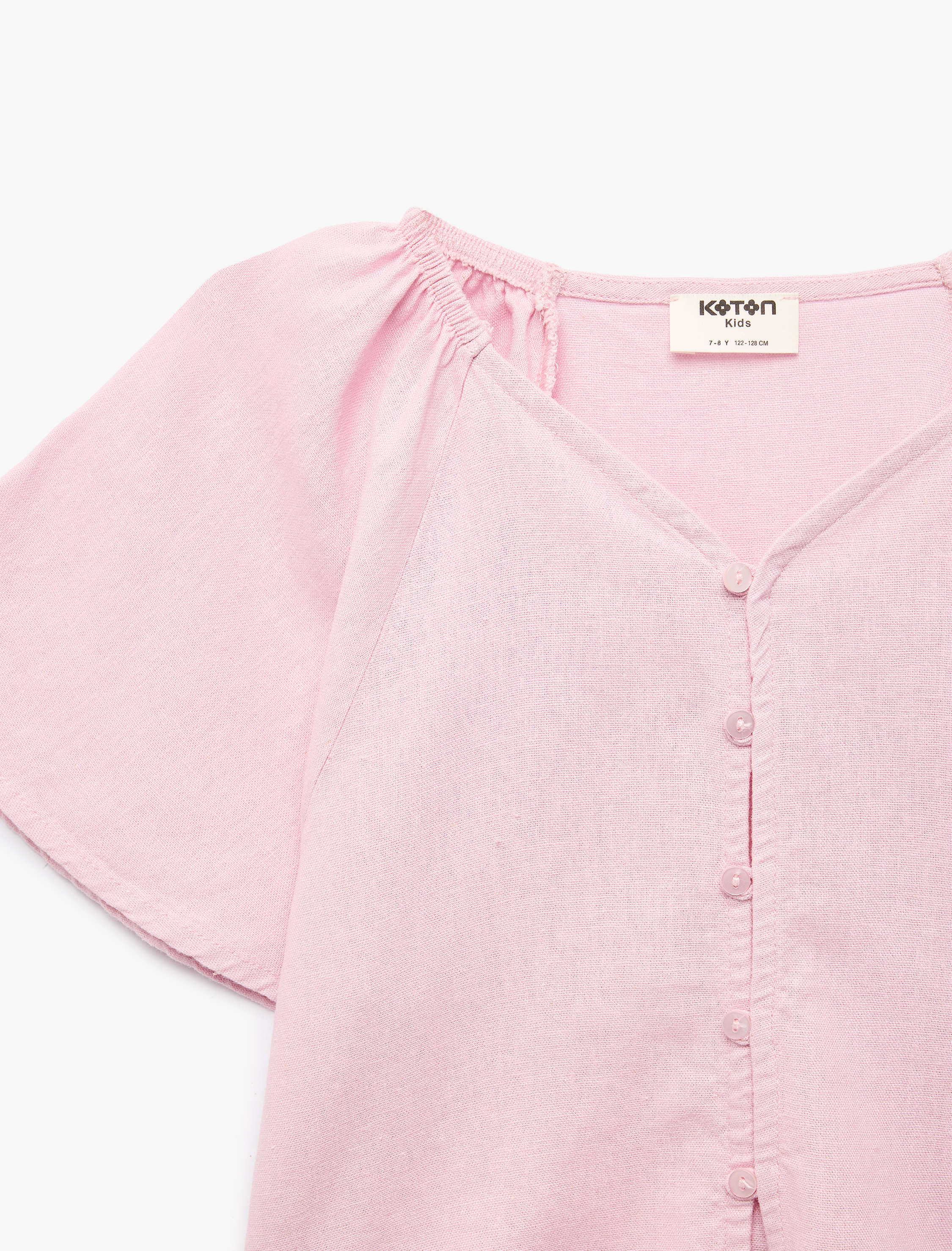  Kız Çocuk Kısa Kollu V Yaka Keten ve Viskon Karışımlı Bağlamalı Bluz