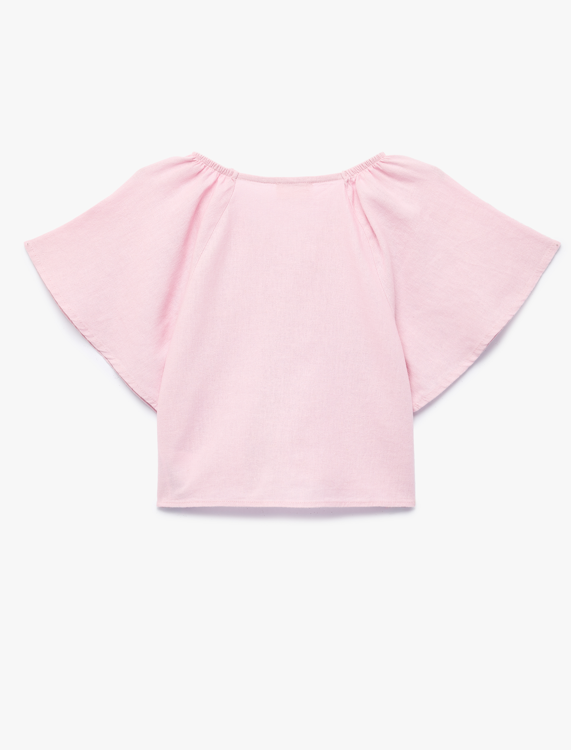  Kız Çocuk Kısa Kollu V Yaka Keten ve Viskon Karışımlı Bağlamalı Bluz