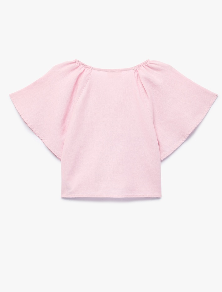 Kız Çocuk Kısa Kollu V Yaka Keten ve Viskon Karışımlı Bağlamalı Bluz