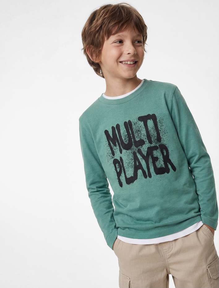 Erkek Çocuk Bisiklet Yaka Baskılı Pamuklu Uzun Kollu Tişört