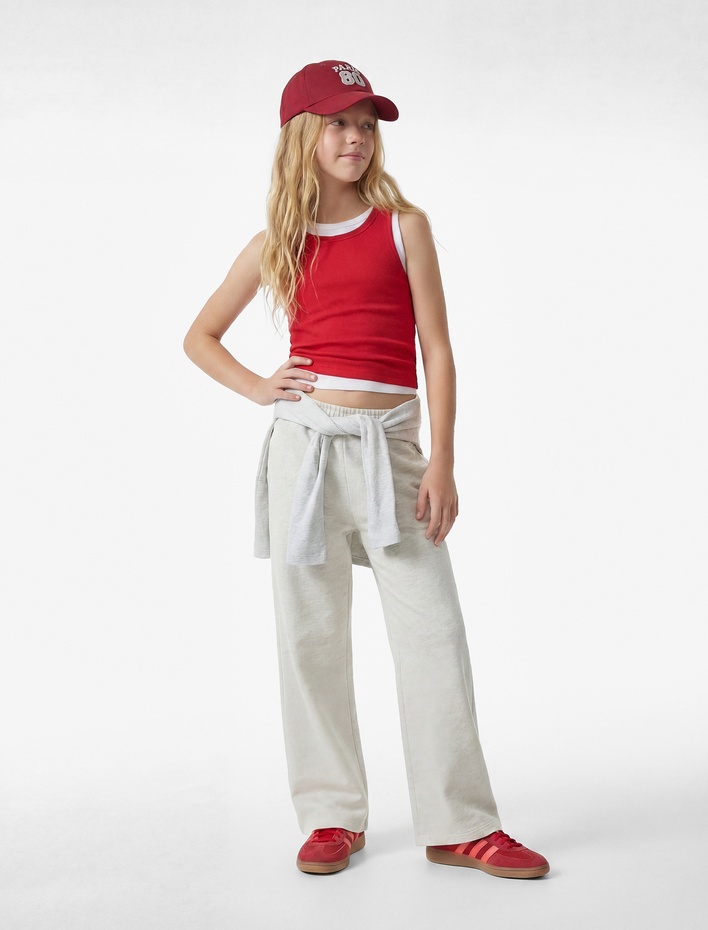 Kız Çocuk Beli Lastikli Rahat Kalıp Geniş Paça Basic Eşofman Altı