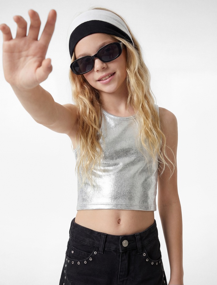 Kız Çocuk Pamuklu Kolsuz Bisiklet Yaka Slim Fit Parlak Crop Atlet