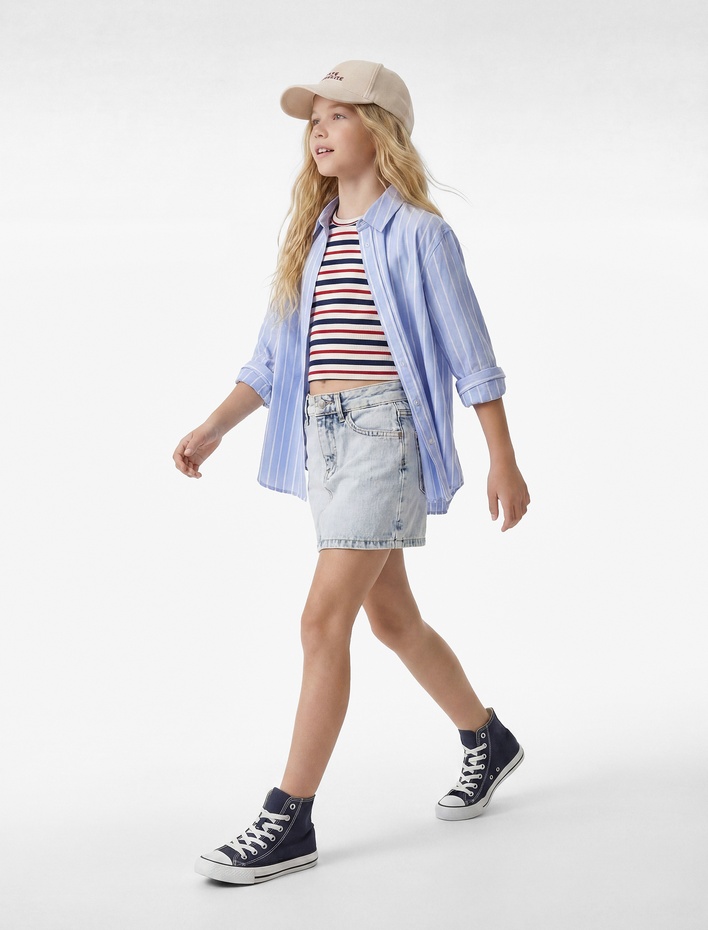 Kız Çocuk Pamuklu Slim Fit Cepli Denim Şort Etek
