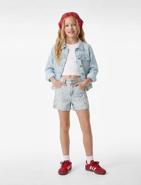 Pamuklu Cepli Taş Detaylı Mini Denim Şort