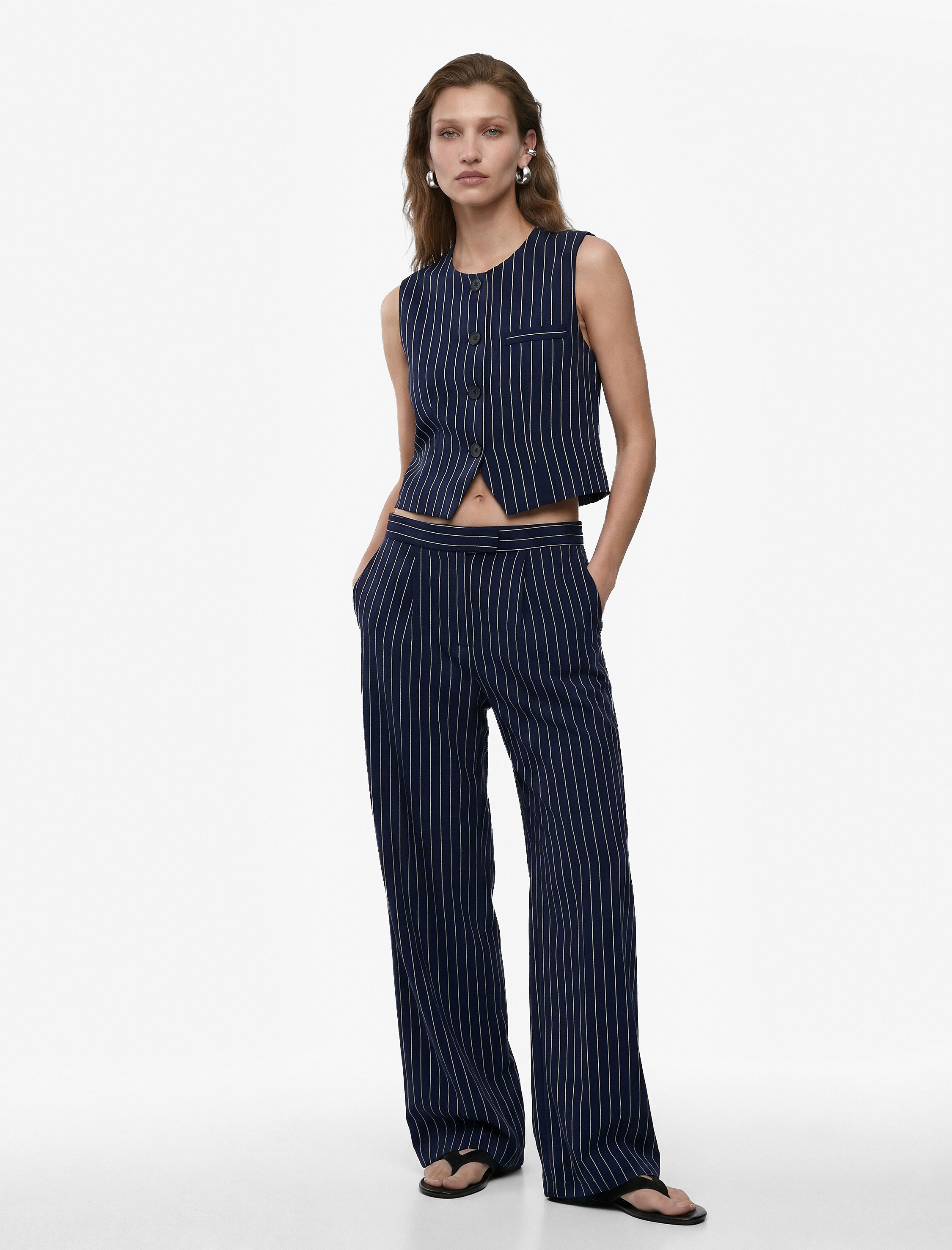   Viskon Kumaş Cepli Geniş Paça Çizgili Palazzo Pantolon