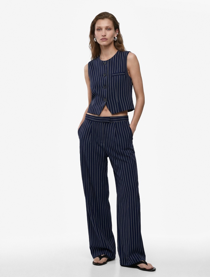  Viskon Kumaş Cepli Geniş Paça Çizgili Palazzo Pantolon