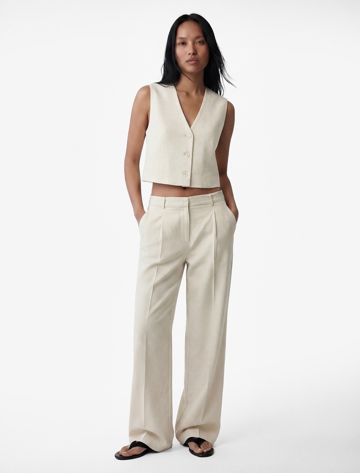  Keten Karışımlı V Yaka Düğmeli Crop Yelek