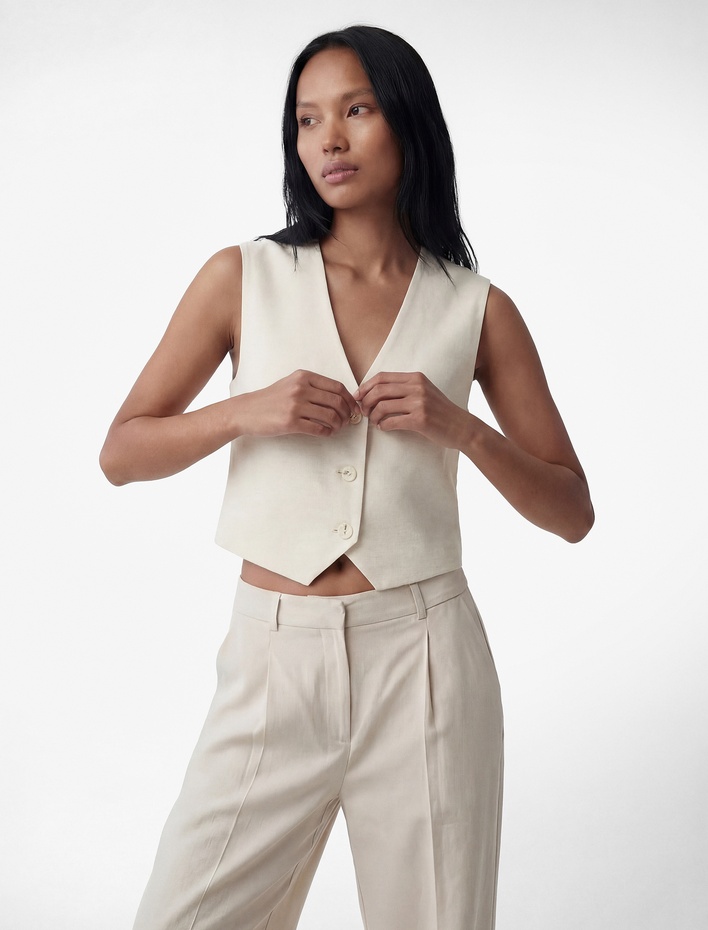  Keten Karışımlı V Yaka Düğmeli Crop Yelek