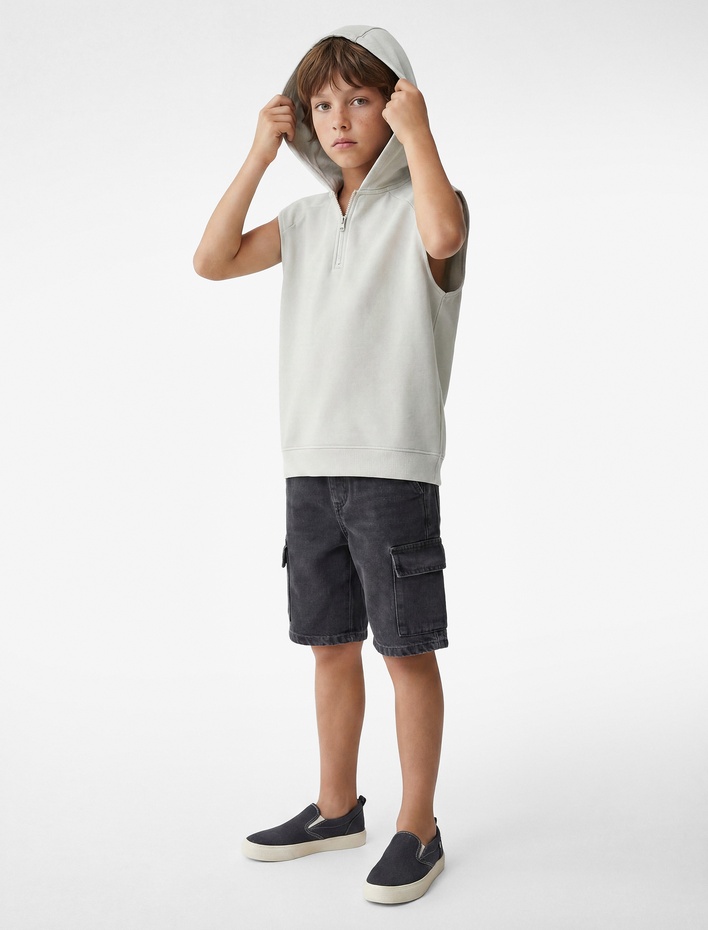 Erkek Çocuk Yarım Fermuarlı Viskon Karışımlı Kolsuz Oversize Kapüşonlu Tişört