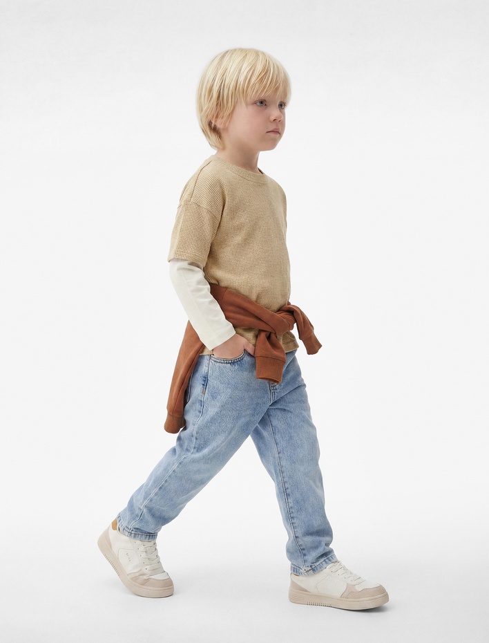 Erkek Bebek Pamuklu Cepli Rahat Kalıp Düğmeli Balon Form Denim Pantolon