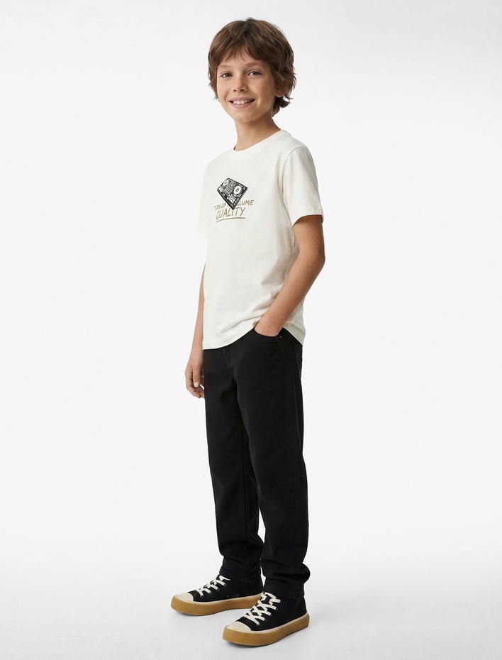 Erkek Çocuk Önü ve Arkası Baskılı Bisiklet Yaka Kısa Kollu Pamuklu Tişört