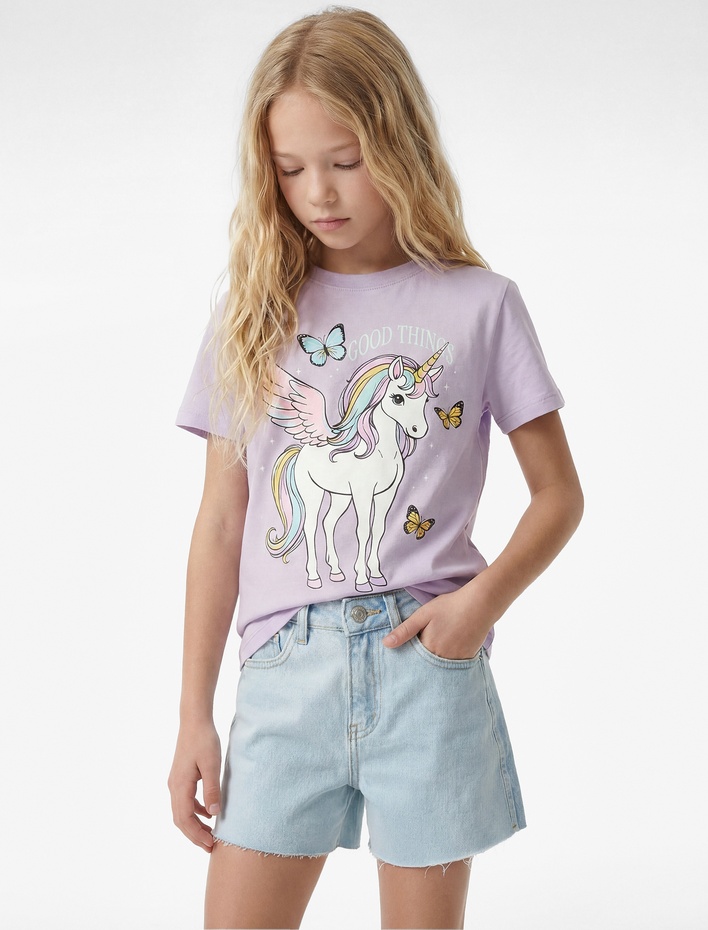 Kız Çocuk Unicorn Baskılı Bisiklet Yaka Kısa Kollu Pamuklu Tişört