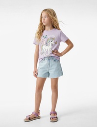 Unicorn Baskılı Bisiklet Yaka Kısa Kollu Pamuklu Tişört