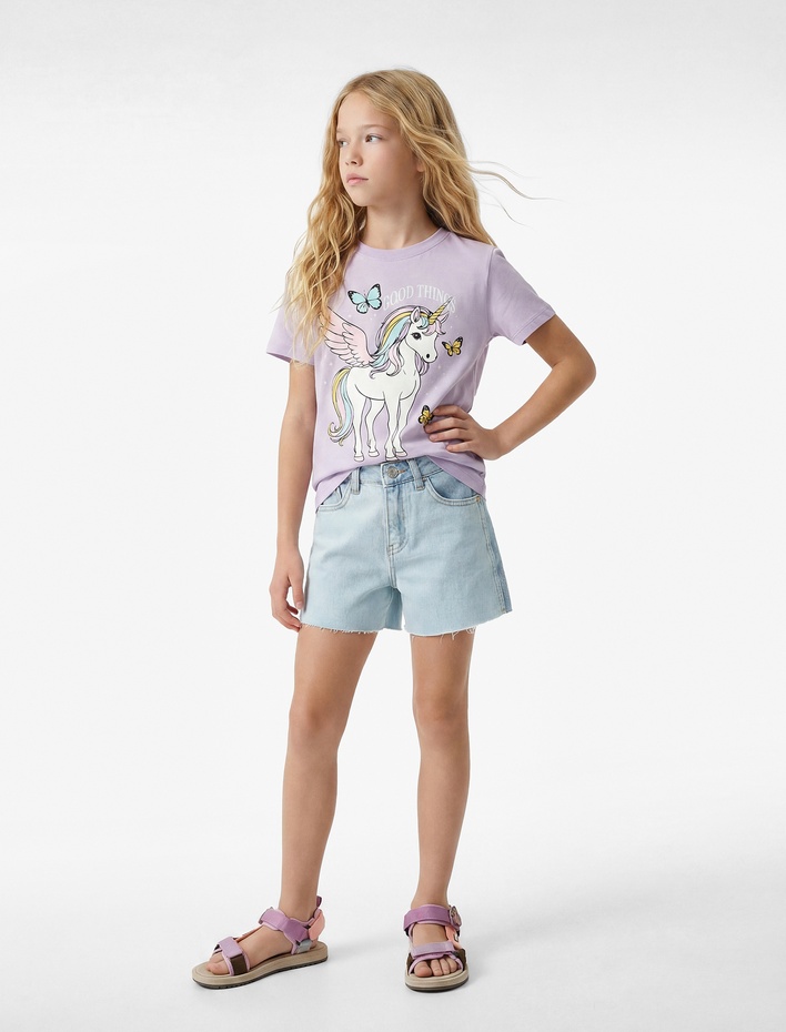 Kız Çocuk Unicorn Baskılı Bisiklet Yaka Kısa Kollu Pamuklu Tişört