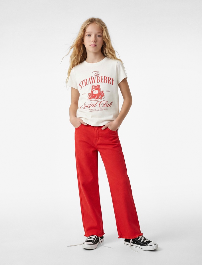 Kız Çocuk Pamuklu Kısa Kollu Bisiklet Yaka Baskılı Tişört