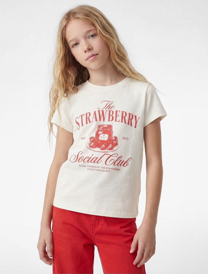 Kız Çocuk Pamuklu Kısa Kollu Bisiklet Yaka Baskılı Tişört