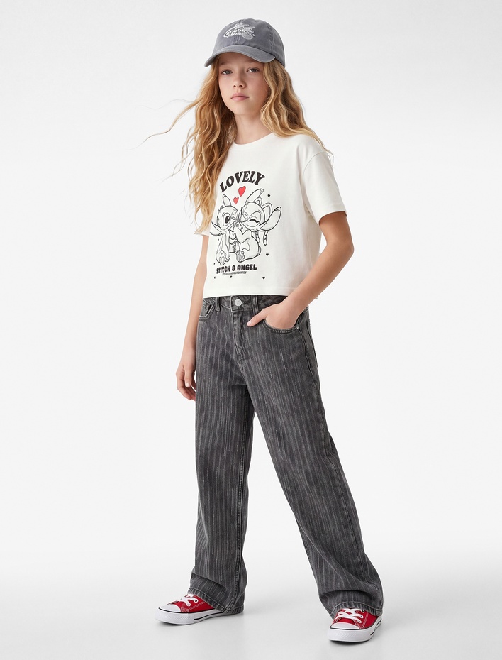 Kız Çocuk Lisanslı Stitch Baskılı Uzun Kollu Bisiklet Yaka Pamuklu Tişört