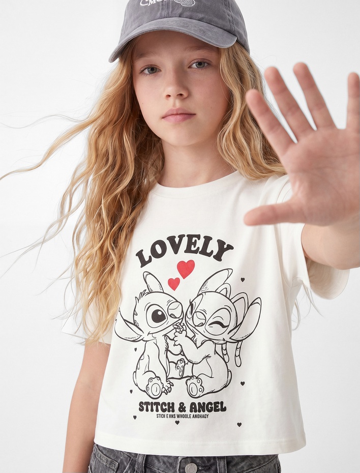 Kız Çocuk Lisanslı Stitch Baskılı Uzun Kollu Bisiklet Yaka Pamuklu Tişört