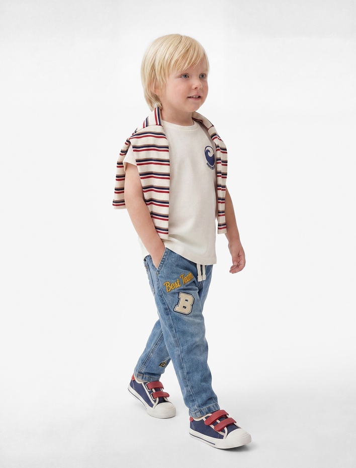 Erkek Bebek Beli Bağcıklı Cepli İşleme Detaylı Pamuklu Denim Pantolon