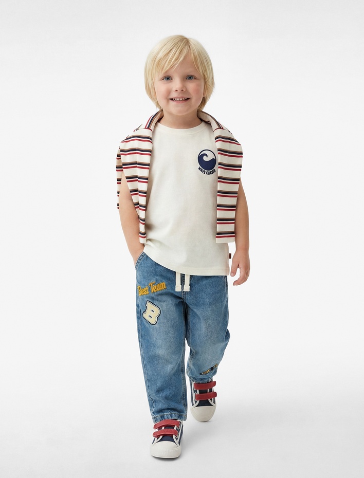 Erkek Bebek Beli Bağcıklı Cepli İşleme Detaylı Pamuklu Denim Pantolon