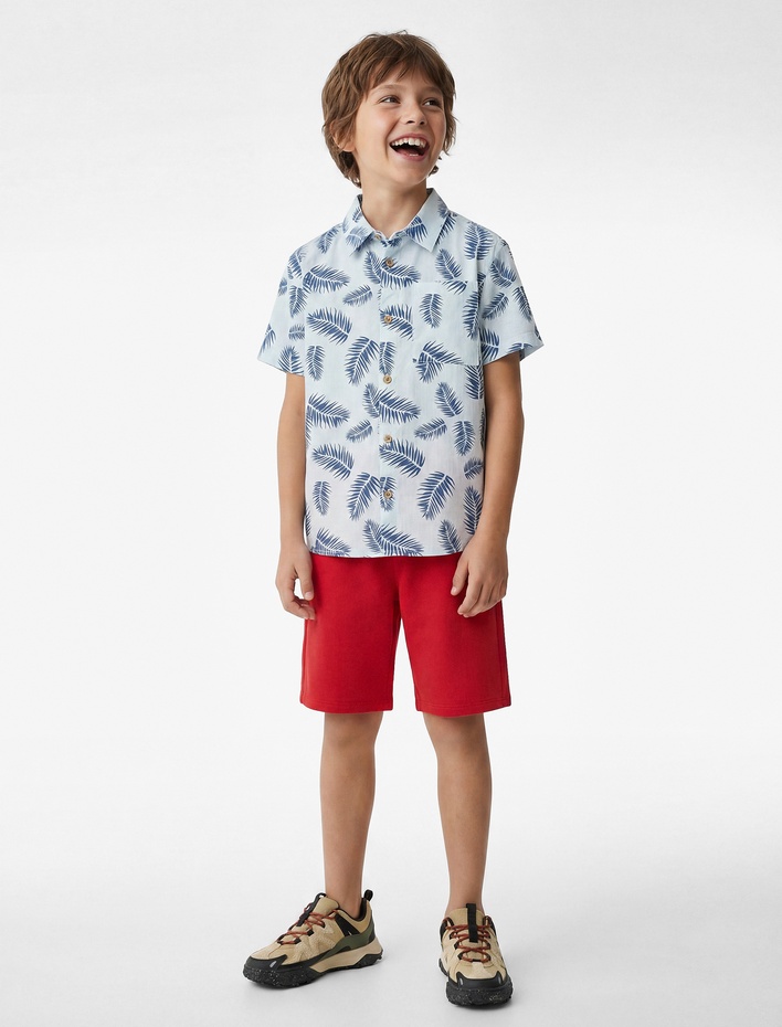 Erkek Çocuk Pamuklu Klasik Yaka Cepli Desenli Kısa Kollu Gömlek