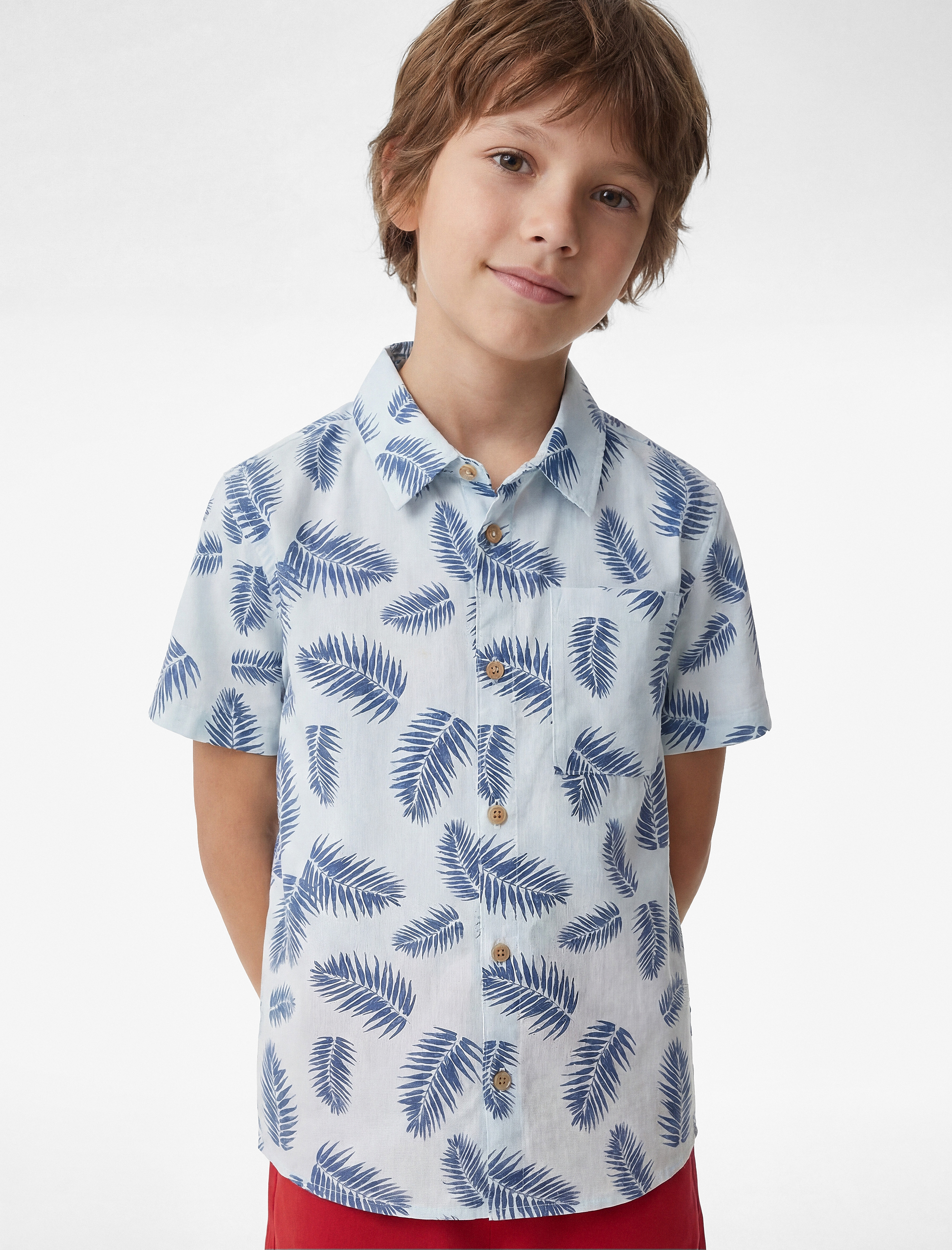  Erkek Çocuk Pamuklu Klasik Yaka Cepli Desenli Kısa Kollu Gömlek