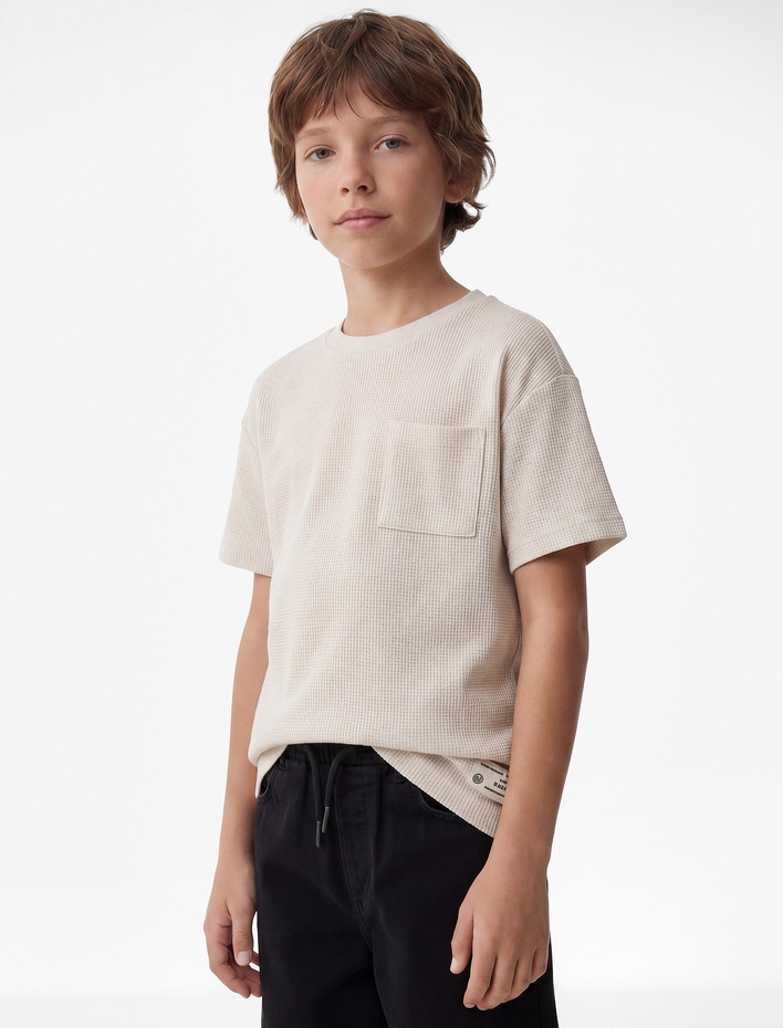 Erkek Çocuk Pamuklu Cepli Kısa Kollu Bisiklet Yaka Oversize Tişört