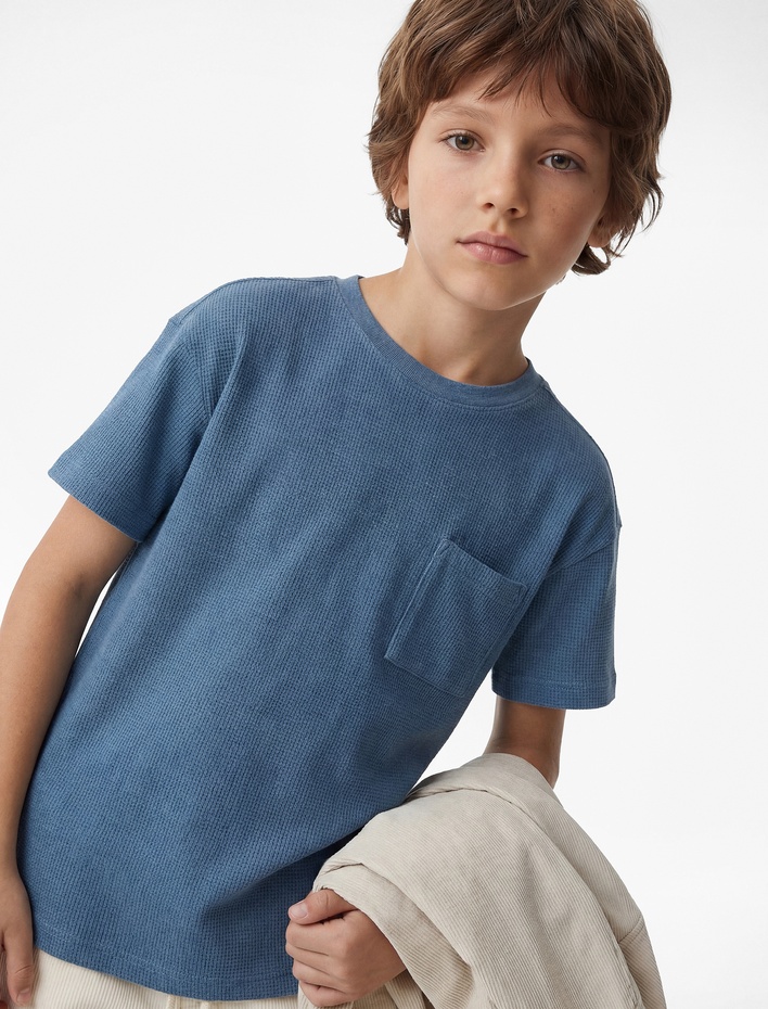 Erkek Çocuk Pamuklu Cepli Kısa Kollu Bisiklet Yaka Oversize Tişört