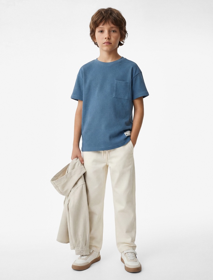 Erkek Çocuk Pamuklu Cepli Kısa Kollu Bisiklet Yaka Oversize Tişört