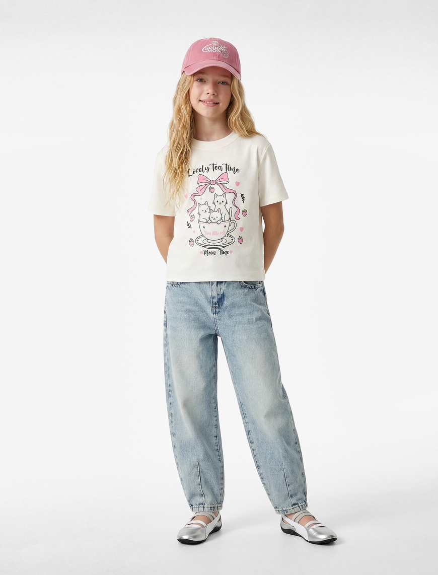 Koton Bisiklet Yaka Kısa Kollu Pamuklu Kedi Baskılı T-Shirt