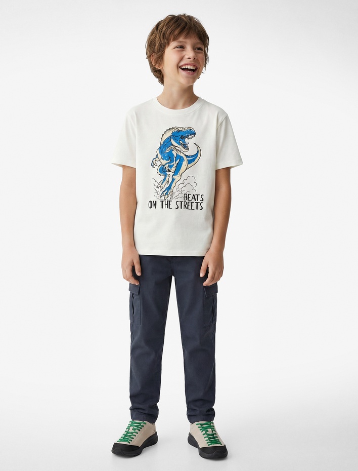 Erkek Çocuk Dinozor Baskılı Bisiklet Yaka Kısa Kollu Pamuklu Tişört