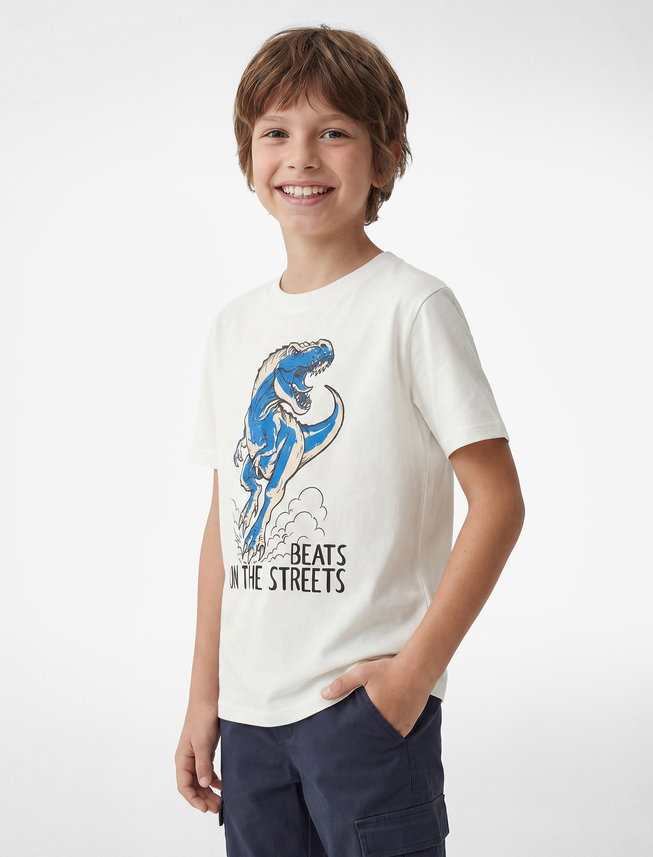  Erkek Çocuk Dinozor Baskılı Bisiklet Yaka Kısa Kollu Pamuklu Tişört