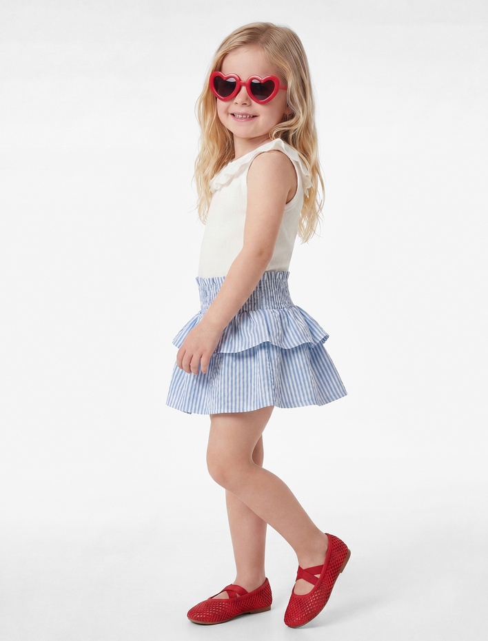 Kız Bebek Gipeli Yüksek Bel Katlı Pileli Çizgili Etek