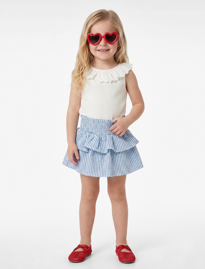 Kız Bebek Gipeli Yüksek Bel Katlı Pileli Çizgili Etek
