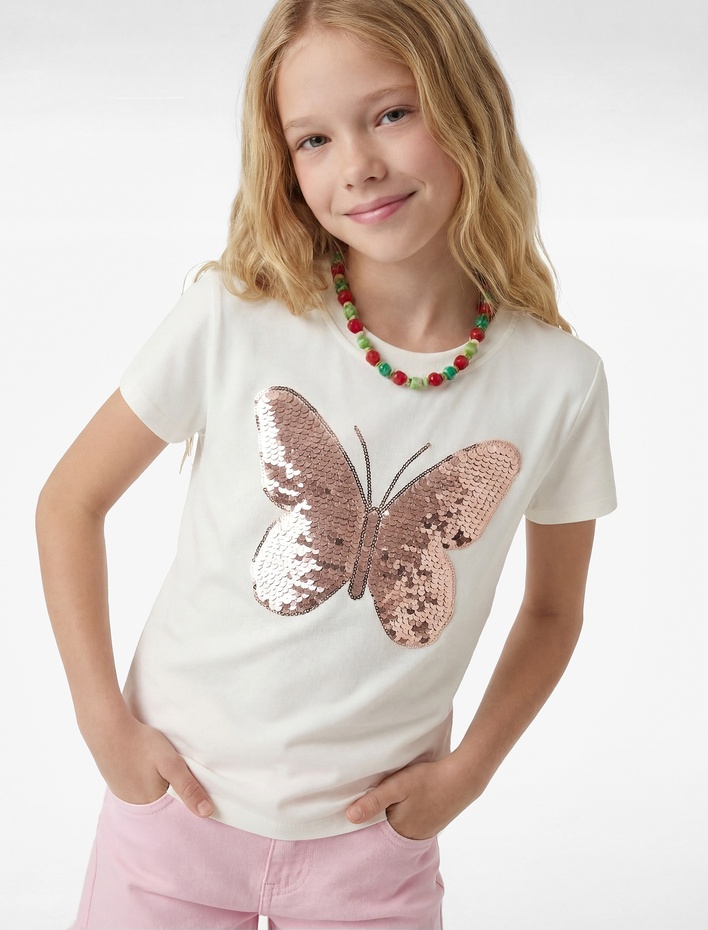Kız Çocuk Pullu Payetli Kelebek Desenli Kısa Kollu Pamuklu Tişört