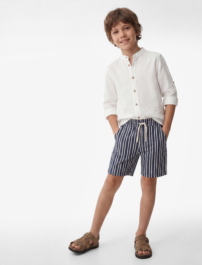Erkek Çocuk Beli Bağlamalı Cep Detaylı Çizgili Bermuda Şort
