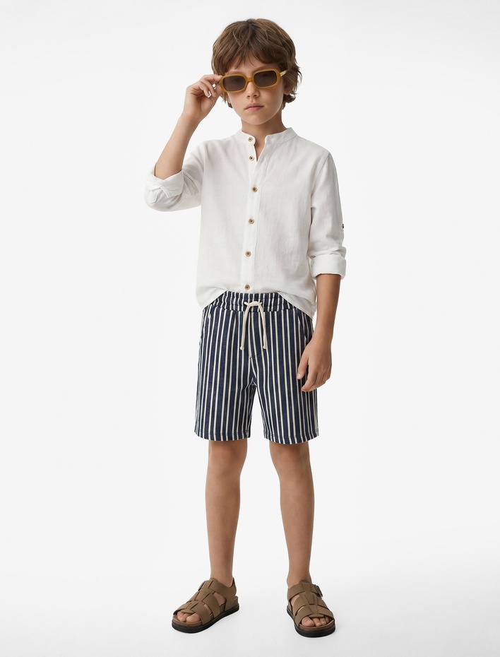 Erkek Çocuk Beli Bağlamalı Cep Detaylı Çizgili Bermuda Şort