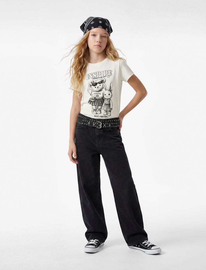 Kız Çocuk Pamuklu Kısa Kollu Bisiklet Yaka Ayıcık ve Tavşancık Baskılı Tişört