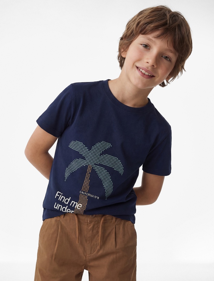 Erkek Çocuk Kısa Kollu Bisiklet Yaka Pamuklu Dinozor Baskılı Tişört