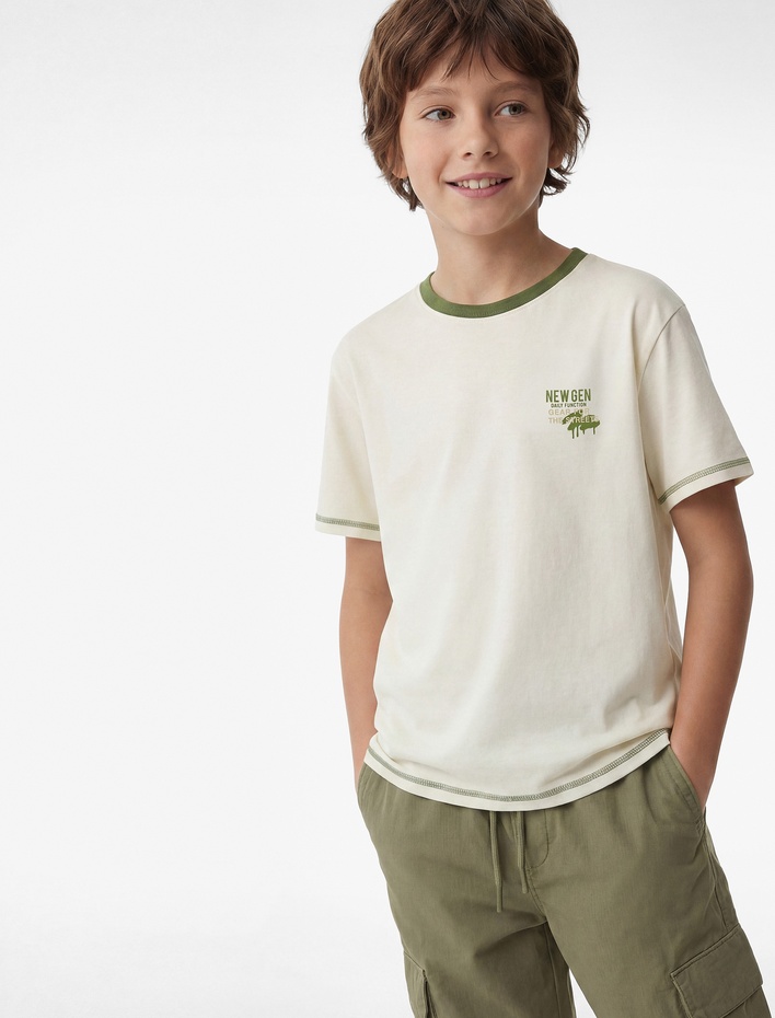 Erkek Çocuk Pamuklu Kısa Kollu Bisiklet Yaka Baskılı Tişört