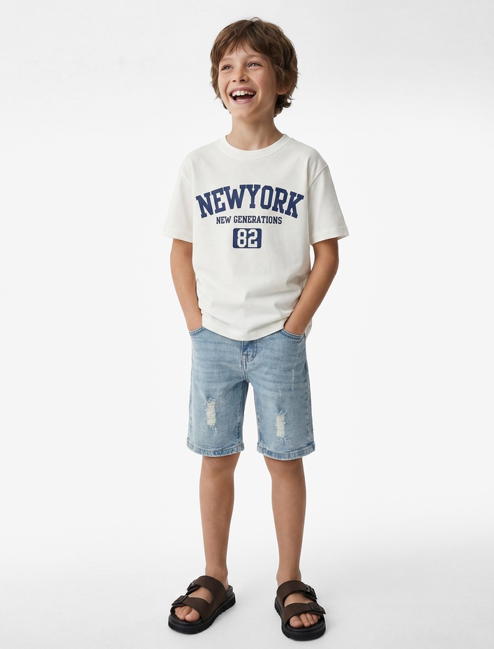 Erkek Çocuk Pamuklu Kısa Kollu Bisiklet Yaka Baskılı Tişört