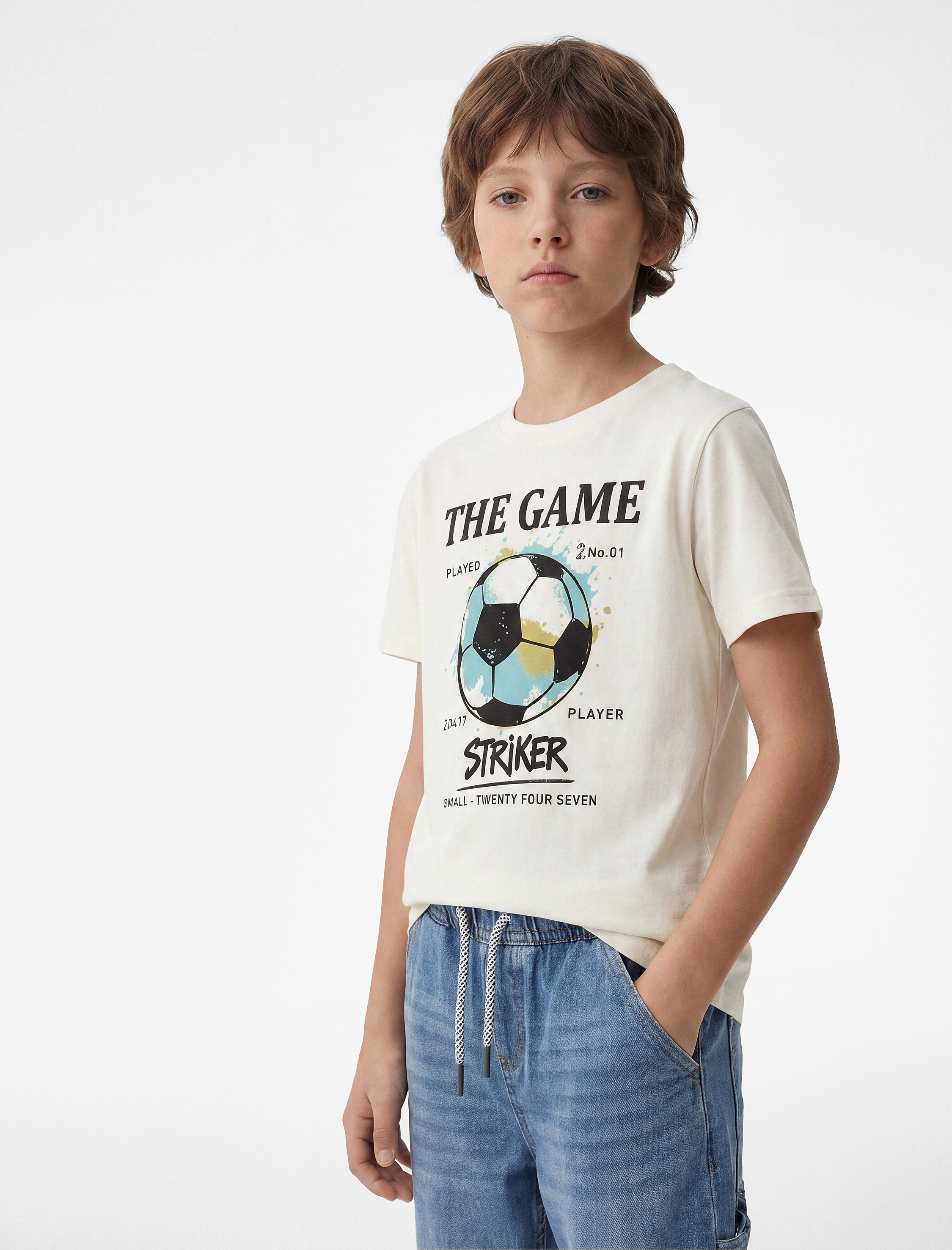  Erkek Çocuk Bisiklet Yaka Kısa Kollu Pamuklu Futbol Temalı Baskılı Oversize Tişört
