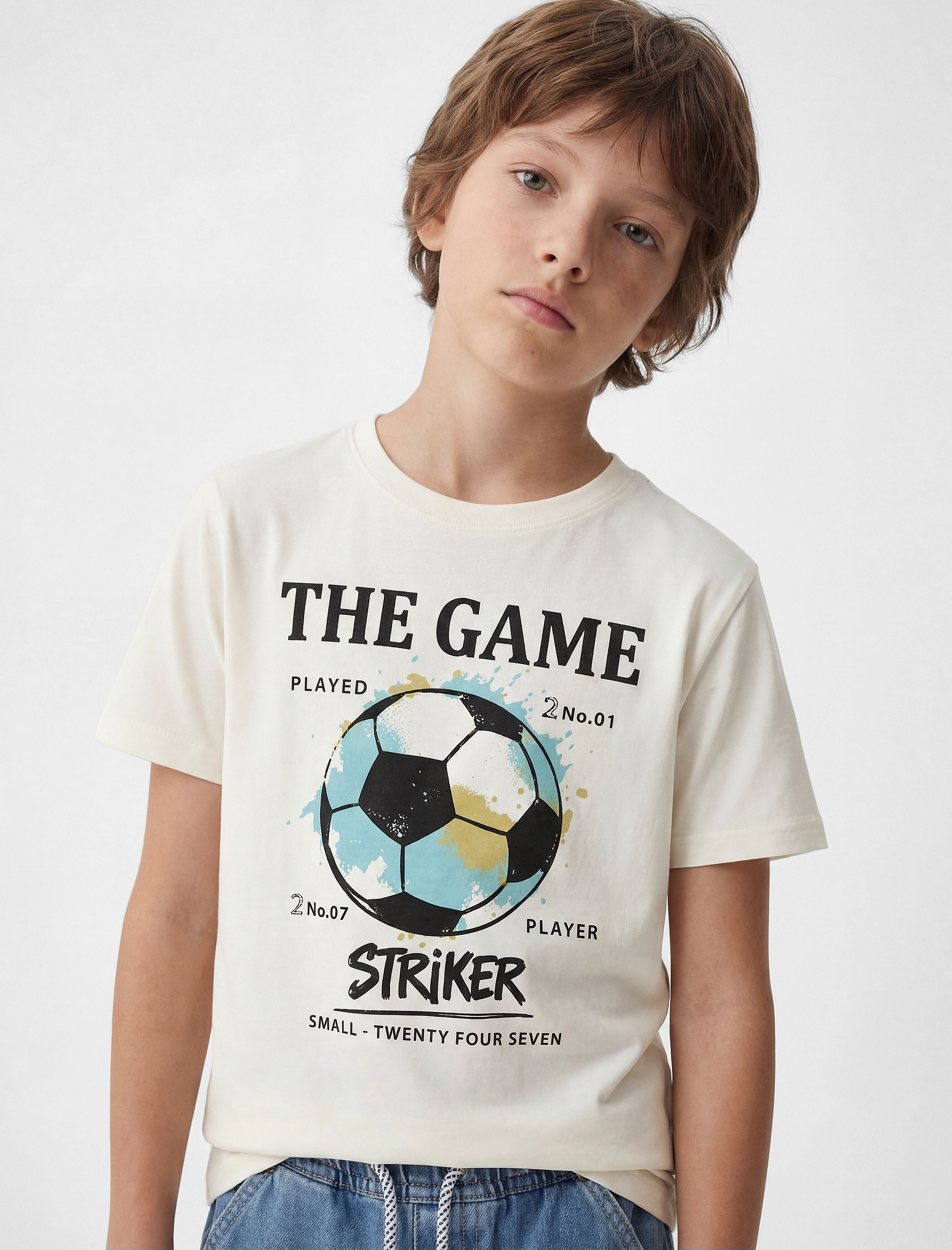  Erkek Çocuk Bisiklet Yaka Kısa Kollu Pamuklu Futbol Temalı Baskılı Oversize Tişört