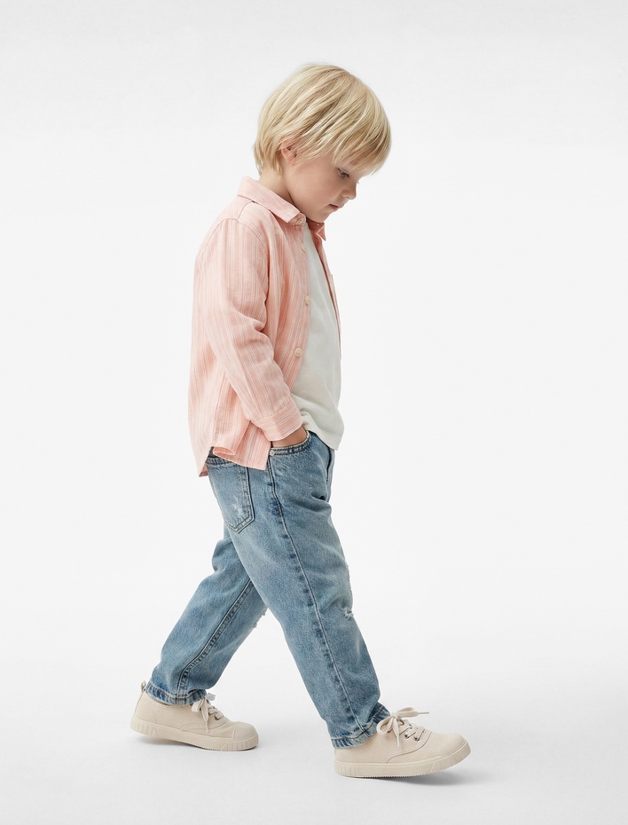 Erkek Bebek Rahat Kalıp Çıtçıtlı Paperbag Beli Lastikli Denim Pantolon