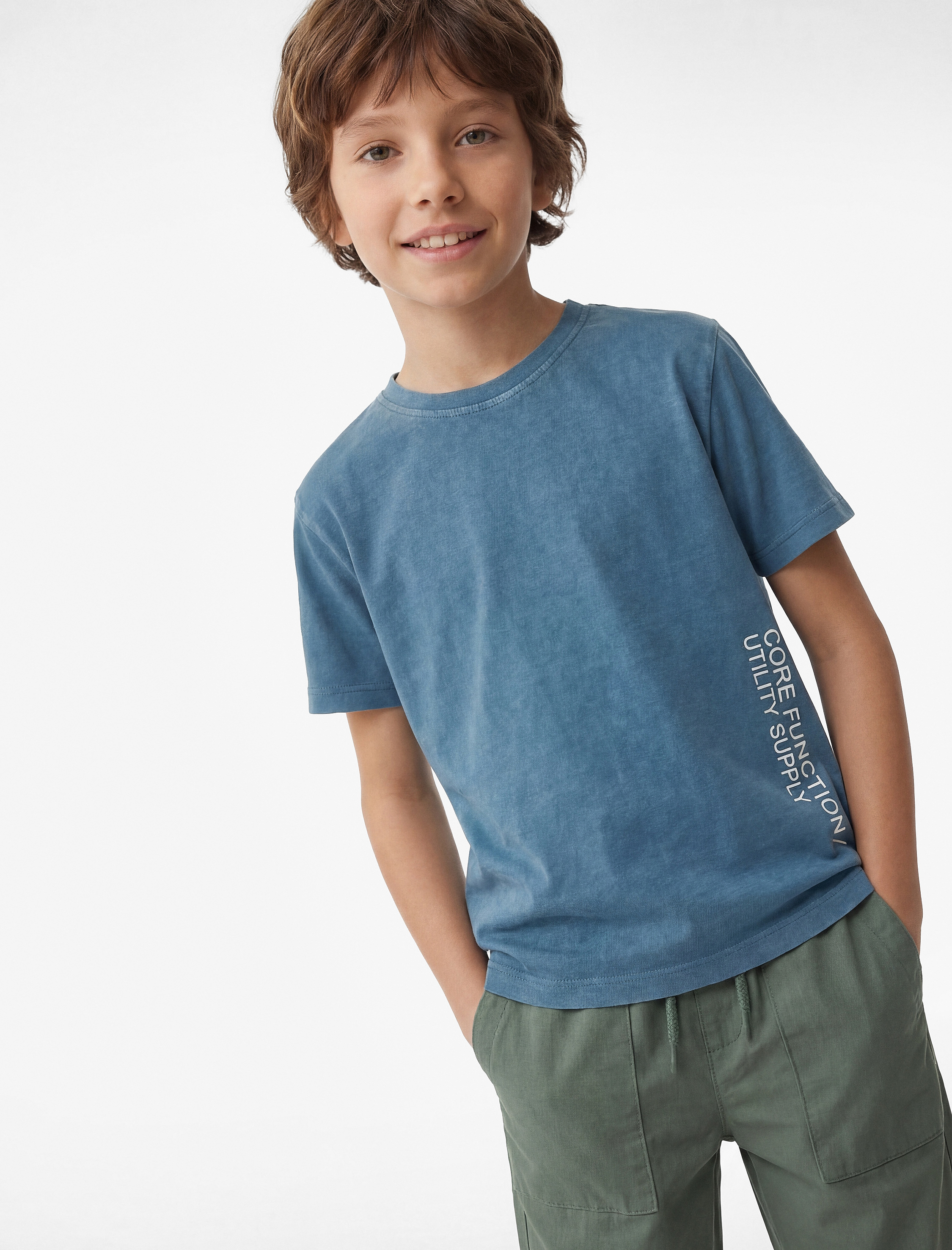  Erkek Çocuk Pamuklu Kısa Kollu Baskı Detaylı Bisiklet Yaka Tişört