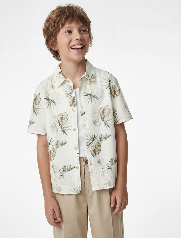 Erkek Çocuk Düğmeli Yaprak Desenli Pamuklu Kısa Kollu Gömlek