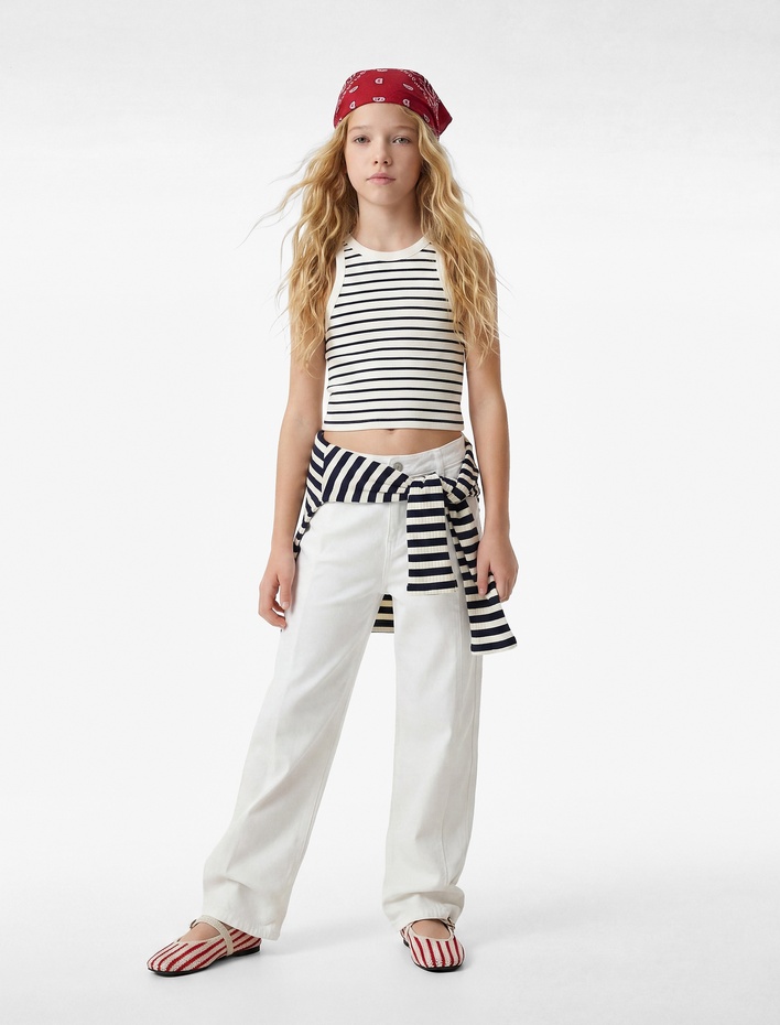 Kız Çocuk Pamuklu Kaşkorse Bisiklet Yaka Çizgili Atlet