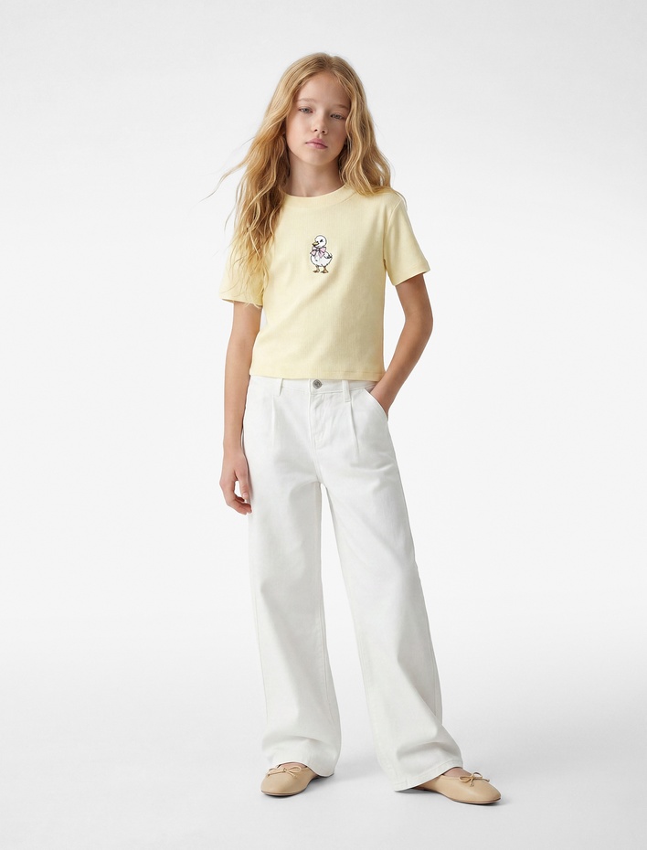 Kız Çocuk Pamuklu Ördek Nakışlı Bisiklet Yaka Kısa Kollu Tişört